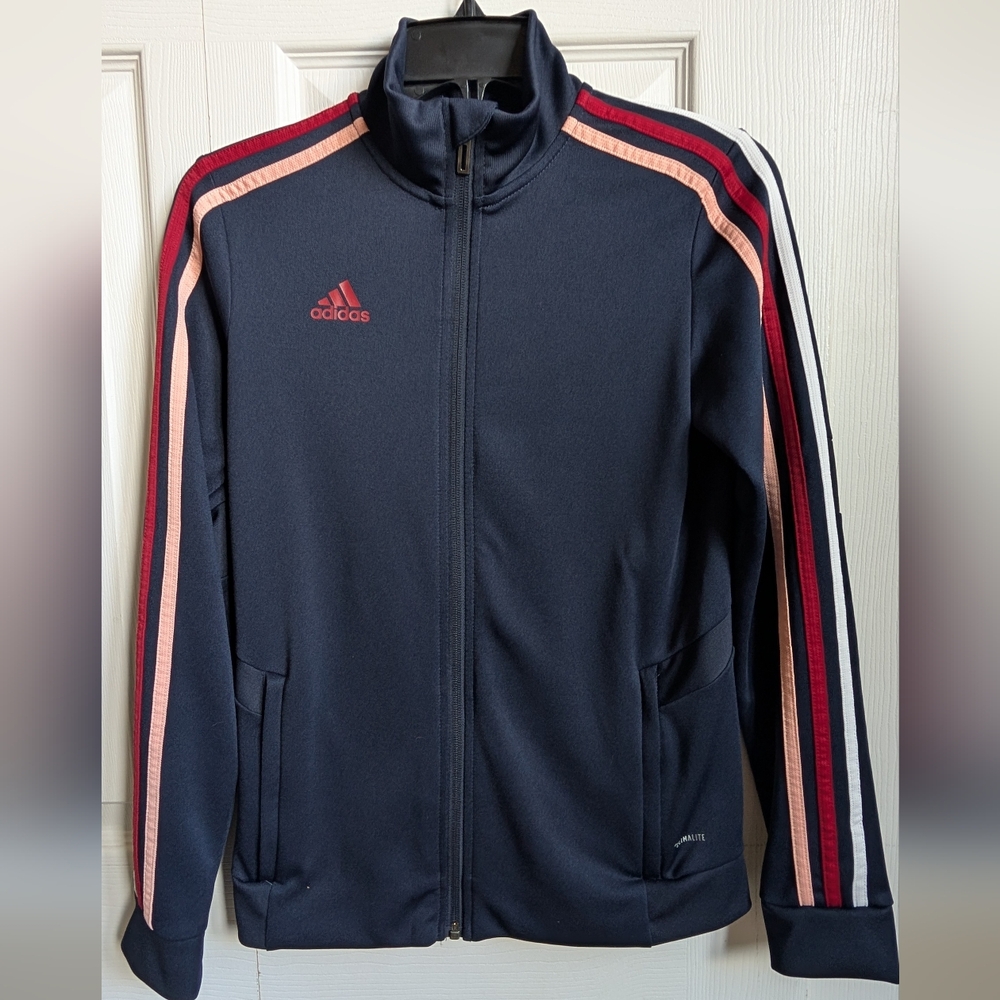 Adidas Women's Navy Track Jacket with Red and Pink Stripes